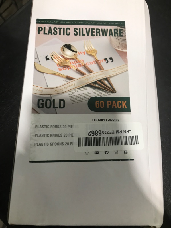 Photo 1 of Lullaby 60pcs Gold Plastic Silverware, Gold Disposable Cutlery with Wood Grain Handle Include 20 Forks, 20 Spoons, 20 Knives, Elegant Disposable Silverware for Wedding, Party, Gathering, Daily Use