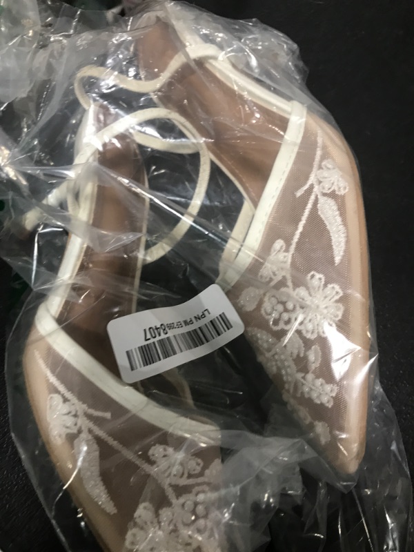 Photo 1 of ATBELL Embroidered Mesh Slingback Heels for Women White Pearl Kitten Heel Pumps Pointed Toe Backless Wedding Shoes White Size 9