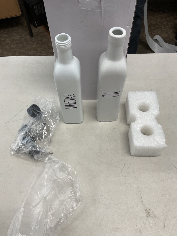 Photo 1 of VICUKIE Glass Oil and Vinegar Dispenser Set For Kitchen,17oz Olive Oil Dispenser Bottle with Pour Spout,Farmhouse Olive Oil Dispenser Bottle For Kitchen,White Decor (2 white)