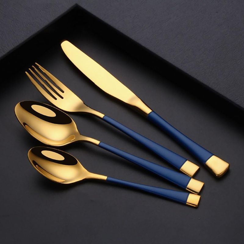 Photo 1 of Matte Blue Gold Flatware Set 24-Piece Stainless Steel Kitchen Utensil Service for 6 Tableware Cutlery Set