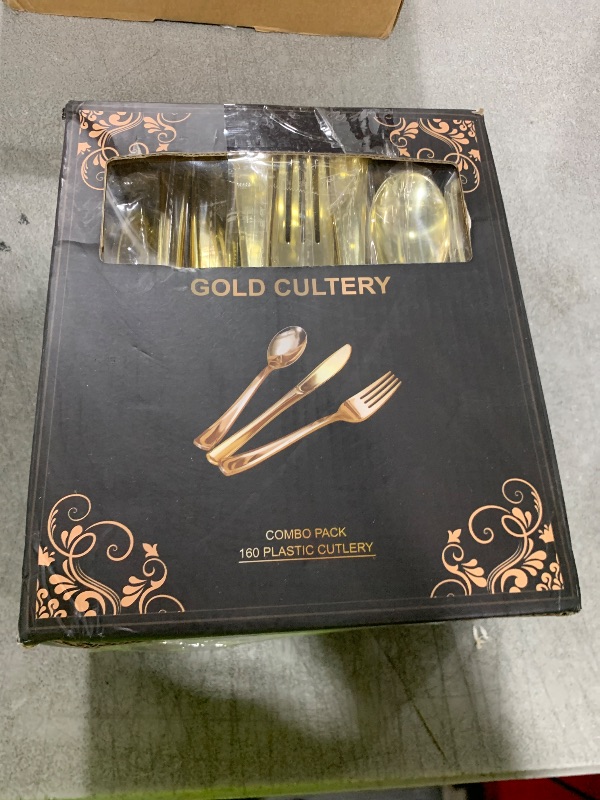 Photo 1 of N9R 160pcs Gold Plastic Silverware - Gold Plastic Utensils Set - Tableware Flatware Kit 80 Forks, 40 Spoons, 40 Knives Disposable Cutlery Set for Party, Wedding, Birthday