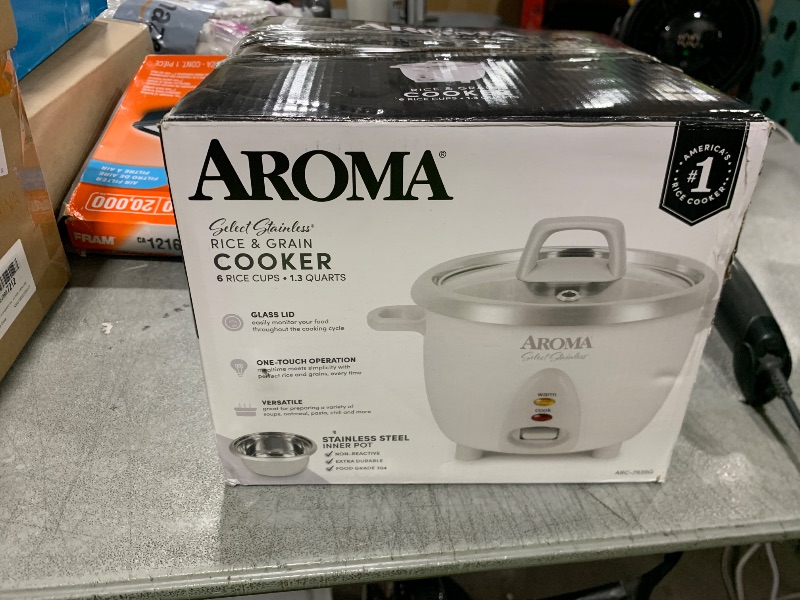 Photo 1 of AROMA® Select Stainless® Rice Cooker, 3-Cup (Uncooked) / 6-Cup (Cooked), Stainless Steel Inner Pot, Small Rice Cooker, Auto Keep Warm, 1.2 Qt, White, ARC-753SG