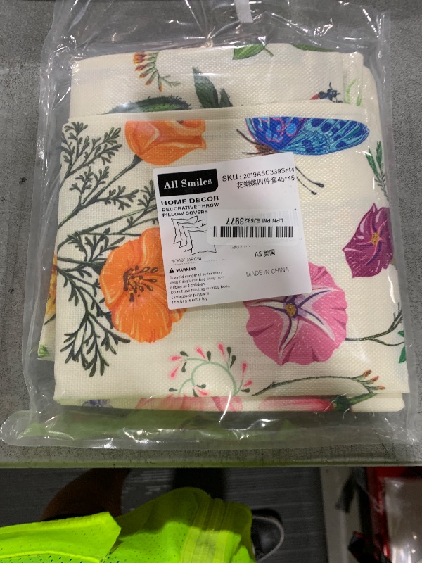 Photo 1 of All Smiles Outdoor Patio Throw Pillow Covers 18x18 Set of 4 Spring Summer Garden Flowers Farmhouse Décor Outside Furniture Bench Chair Decorative Cushion Cases for Swing Deep Seat Bed Couch Sofa
