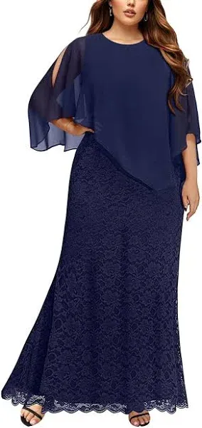 Photo 1 of Plus Size Navy Blue Dress Women Formal Wedding Guest Evening Party Long Lace Chiffon Cape Gowns Mermaid Prom Dresses 2024 (SIZE UNKNOWN)
