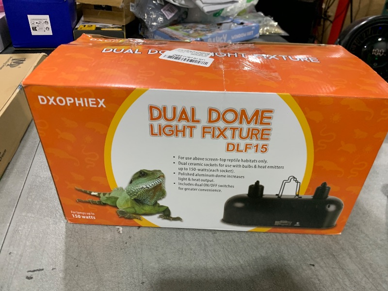 Photo 1 of DXOPHIEX 15 inch Dual Reptile Light Fixture, Max 150W Reptile Heat Lamp Fixture with 2PCS 150W Ceramic Heat Emitter, Double Dome UVB Light Fixture for Terrarium and Tortoise Habitat