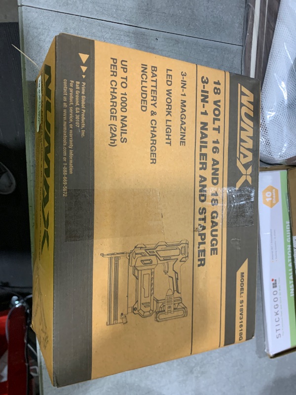 Photo 1 of NuMax 18V Cordless 3-in-1 Nail Gun Kit – 2" 16 & 18 Gauge Finish Nailer, Brad Nailer, and Staple Gun – Includes Battery, Charger & Fasteners – S18V31618G
