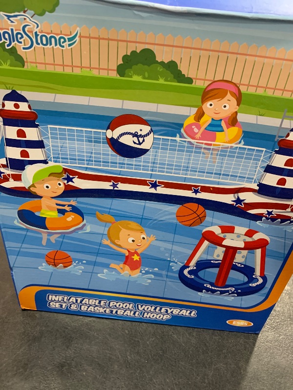 Photo 1 of EagleStone Inflatable Pool Float Set with Volleyball Net & Basketball Hoop,2-in-1 Floating Water Games for Kids Adults, Backyard Beach Summer Toys, Heavy-Duty PVC Family Pool Party Essentials