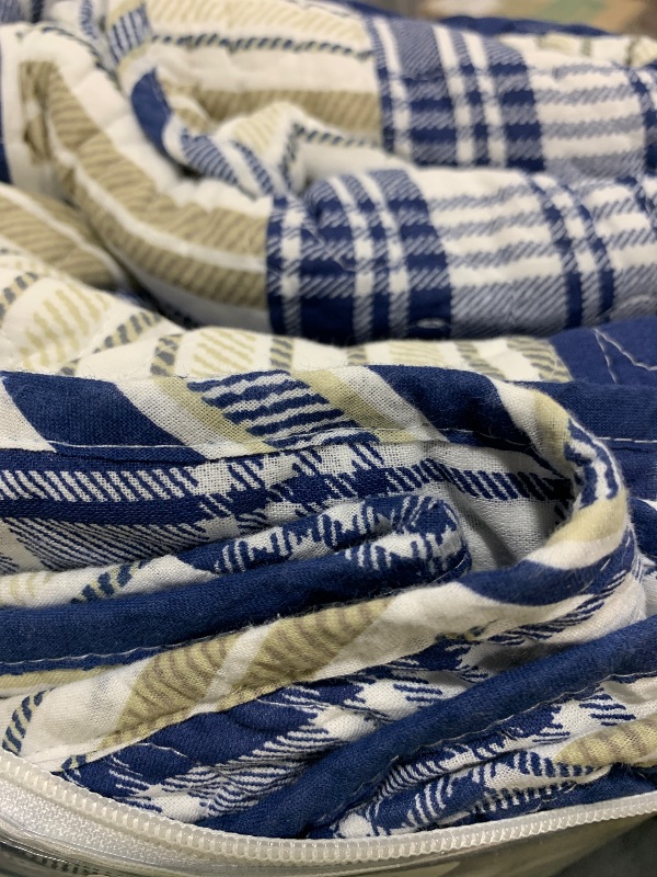 Photo 1 of Homzard Queen Size Comforter Set - Blue White Tan Striped Queen Quilt Set,Plaid Striped Bedding Quilt, Farmhouse Bedspread Queen Size, Lightweight Comforter Quilts 3 Pieces All Season