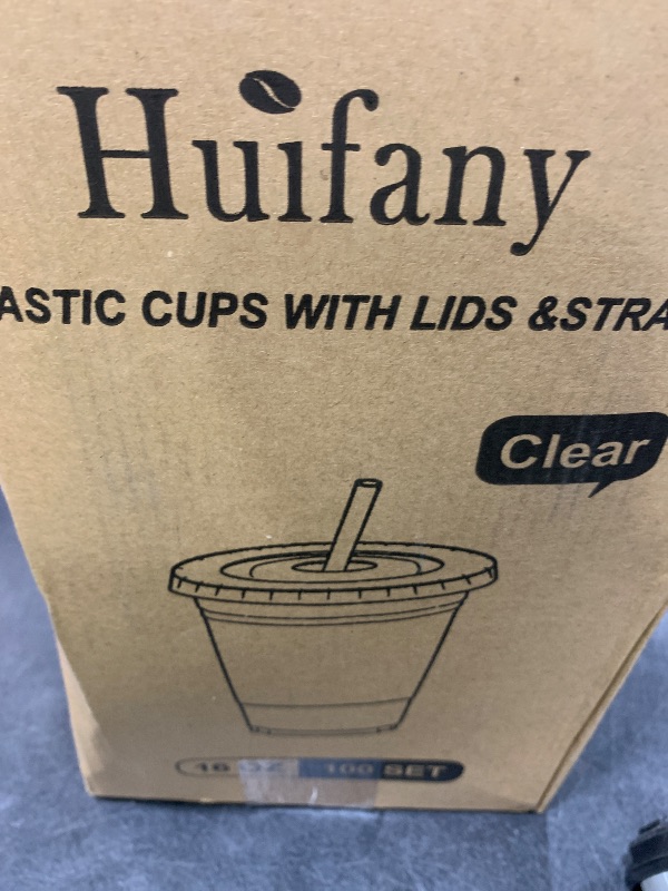 Photo 1 of Huifany 100 Pack 16 oz Disposable Plastic Cups with Lids and Straws, Clear Party Coffee Cups for Cold Beverages, Smoothies, Iced Coffee, and Leak-Proof, BPA-Free