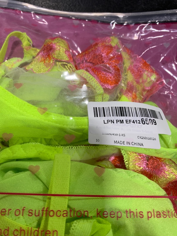 Photo 1 of Kaei&Shi Glow in the Dark Lingerie,Underwire Floral Embroidered Sheer Garter Lingerie,G-String Matching Thigh Bands 4 Piece Sexy Lingerie Set Petite Fluorescent Green X-Small