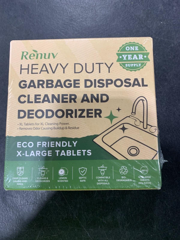 Photo 1 of Renuv Garbage Disposal Cleaner and Deodorizer Tablets Drain Freshener, Foaming Citrus Scent, Sink Odor Remover for Kitchen Garbage Disposer Cleaning (12 XL Tablets - One Year Supply)