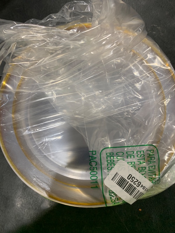 Photo 1 of FOCUSLINE 100 Count 10 Inch Clear and Gold Plastic Plates, Disposable Heavy Duty Clear Plates with Gold Rim, Premium Hard Plastic Plate Fancy Disposable Dinner Plate for Wedding Parties