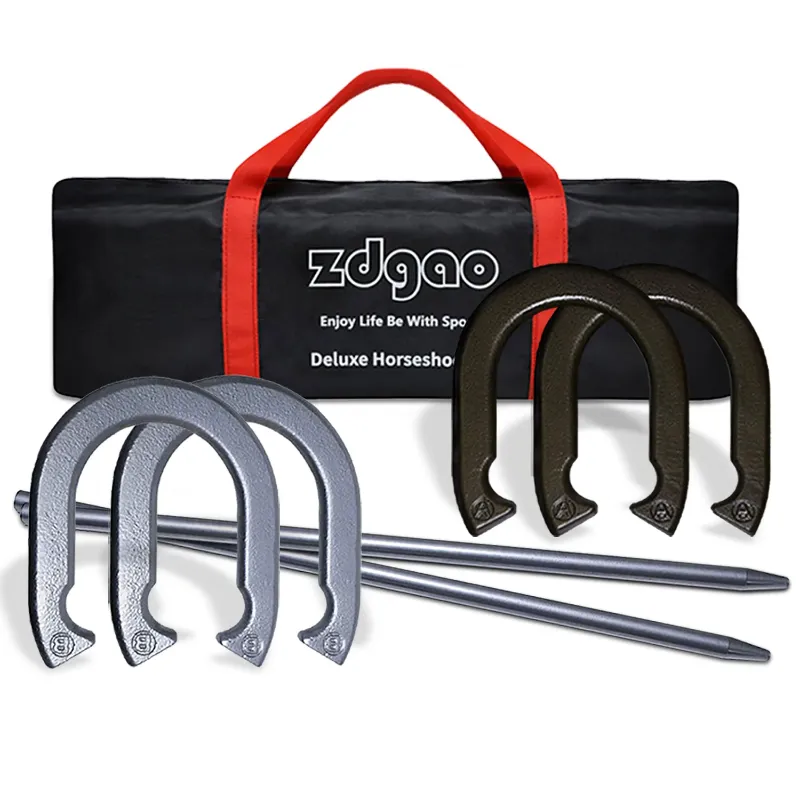 Photo 1 of Horseshoe Set w/ 4 Steel Forged Horseshoes 2 Heavy Duty Stakes and Carrying Case, Traditional Outdoor Lawn Games for Backyard, Silver & Golden
