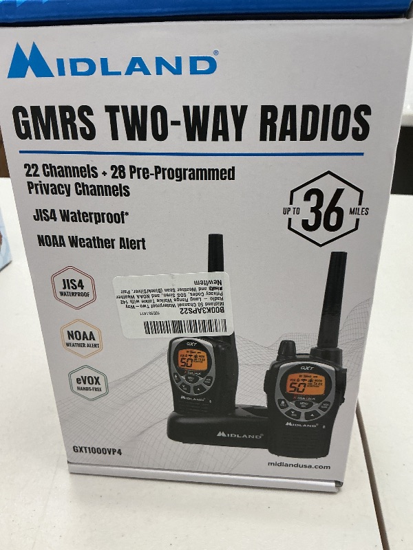 Photo 1 of Midland GXT1000VP4 GMRS Two-Way Radio (50-Channel, Long Range, 142 Privacy Codes, SOS, NOAA, Rechargeable Nickle Battery, Black/Silver, 2-Pack)