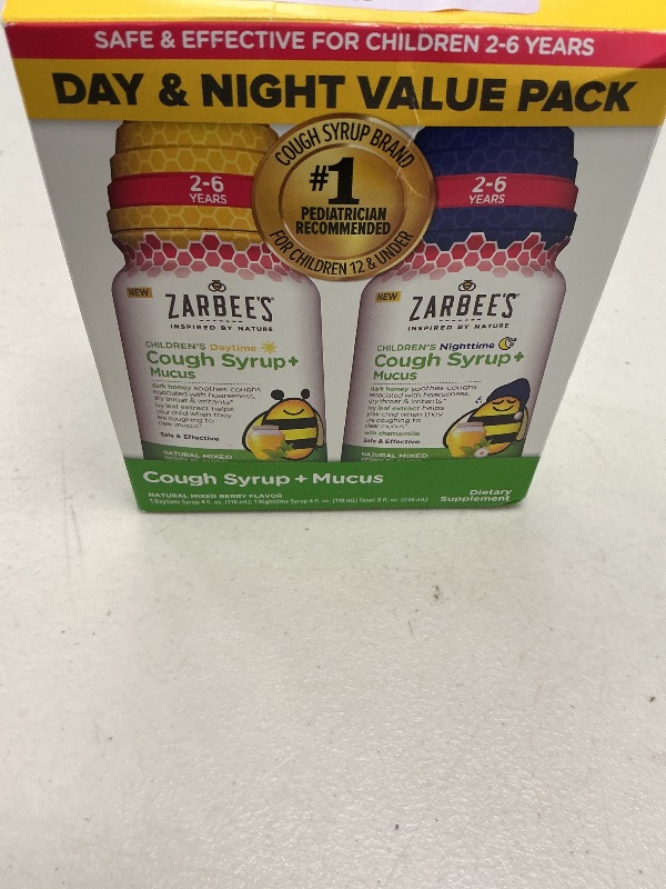 Photo 1 of Zarbee's Children's Honey Cough Syrup + Mucus Day & Night Value Pack, Daytime & Nighttime Toddler Cough Syrup with Dark Honey & Ivy Leaf Extract, Mixed Berry Flavor, Two Pack, 2 x 4 fl. Oz
