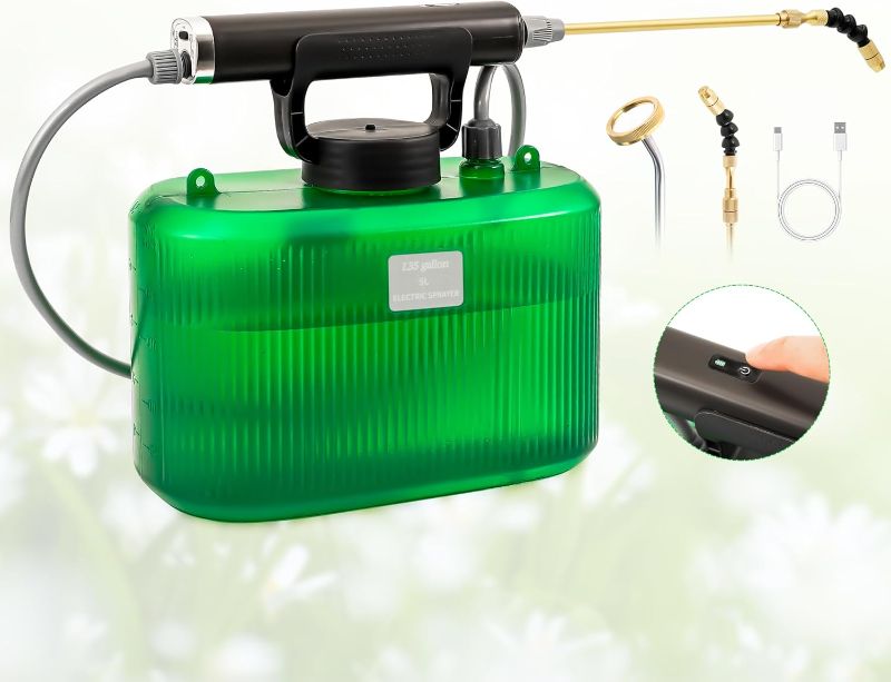 Photo 1 of Battery Powered Sprayer,Upgraded 1.35 Gallon Garden Sprayer with 2 Spray Pipe,Telescopic Wand,USB Rechargeable Handle,Electric Sprayer with Shoulder Strap for Yard, Lawn and Garden(Transparent Green)
