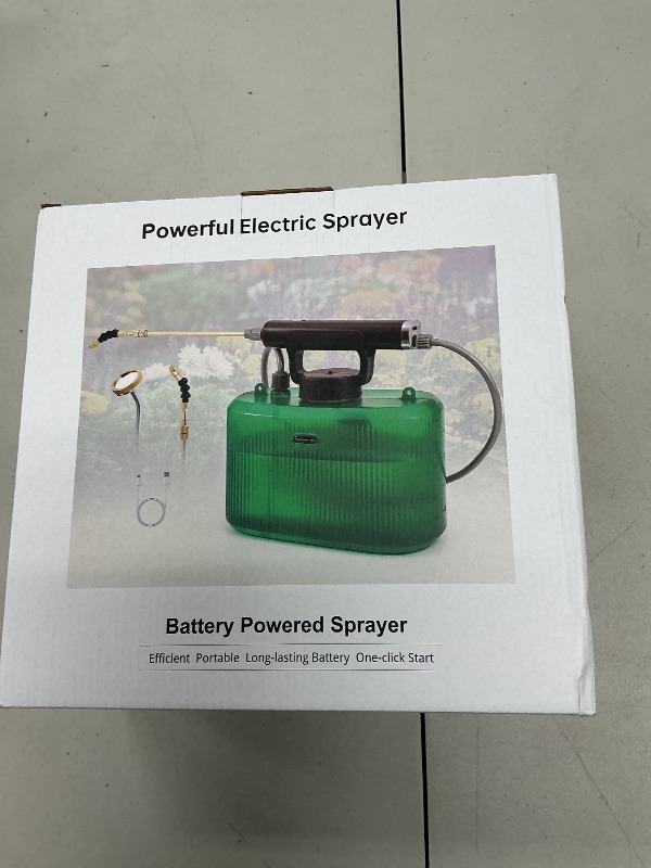 Photo 1 of Battery Powered Sprayer,Upgraded 1.35 Gallon Garden Sprayer with 2 Spray Pipe,Telescopic Wand,USB Rechargeable Handle,Electric Sprayer with Shoulder Strap for Yard, Lawn and Garden(Transparent Green)
