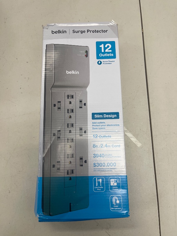 Photo 1 of Belkin 12-Outlet Surge Protector Power Strip w/ 12 AC Outlets & 8ft Flat Plug, UL-listed Heavy-Duty Extension Cord for Home, Office, Travel, Computer, Laptop, Charger - 3,940 Joules of Protection