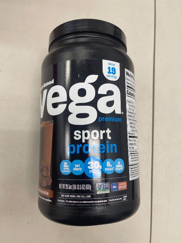 Photo 1 of Vega Sport Performance Protein Powder Chocolate 29.5 Ounce - Plant-Based Vegan Protein Powder, BCAAs, Amino Acid, tart cherry, Non Whey, Gluten Free, Dairy free, Non GMO
