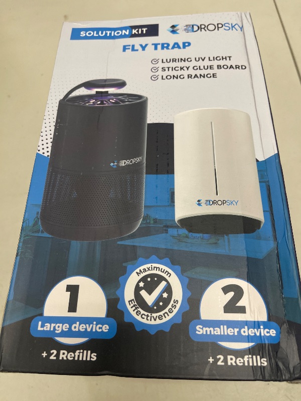 Photo 1 of Dropsky Kit Indoor Flying Insect Trap - Plug-in Bug Light Trap for Fruit Flies, Gnats and Houseflies - Odorless and Mess Free (1 Big Trap + 2 Small Traps + 4 Glue Cards)