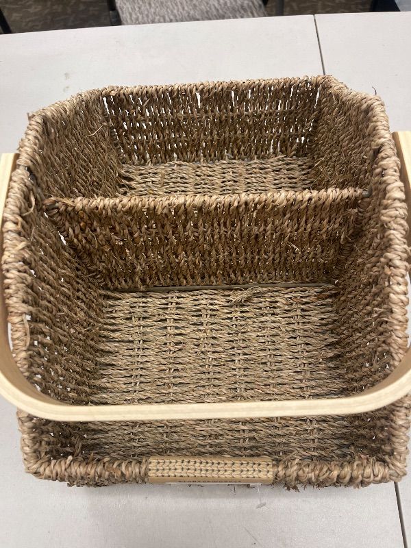 Photo 1 of StorageWorks Wicker Diaper Caddy Organizer, Baby Diaper Caddy Basket with Liner, Handwoven Diaper Caddy for Car, Seagrass Baby Toy Basket with Handles, 1 Pack