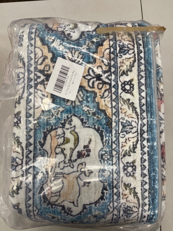 Photo 1 of QQL 5x7 Area Rugs for Bedroom Living Room-Machine Washable Soft Non-Slip Non-Shedding Faux Wool Vintage Design Boho Low Pile Mat Throw Carpet for Bedroom Dining Room Playroom Office?Blue?