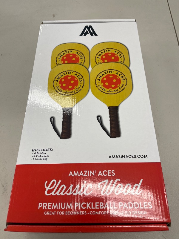 Photo 1 of Amazin' Aces Pickleball Classic 4-Piece Wooden Paddle & Racket Set with Cushion Grip - 4 Balls & Bag for All Levels - Pickleball Paddles