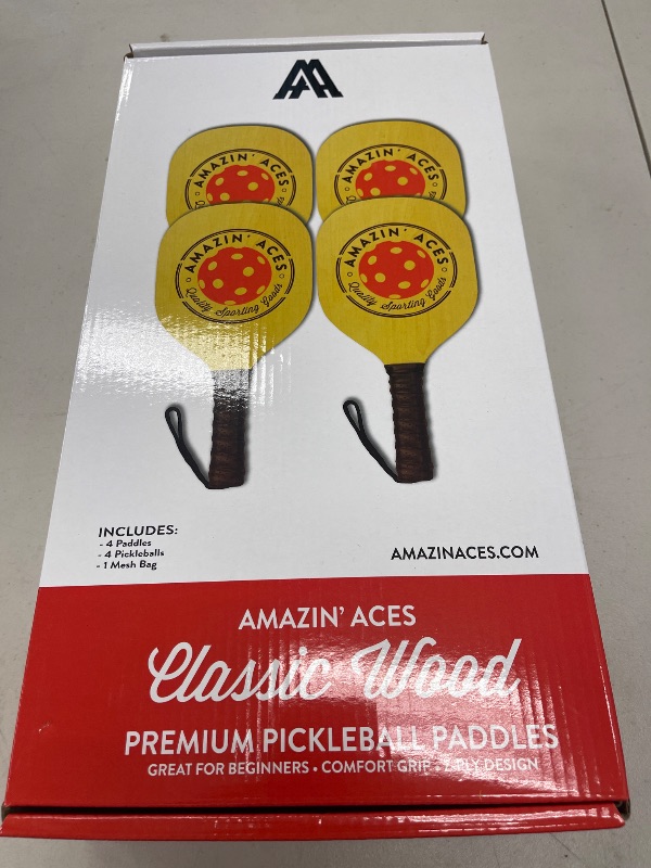 Photo 1 of Amazin' Aces Pickleball Classic 4-Piece Wooden Paddle & Racket Set with Cushion Grip - 4 Balls & Bag for All Levels - Pickleball Paddles