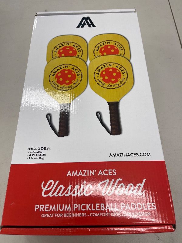 Photo 1 of Amazin' Aces Pickleball Classic 4-Piece Wooden Paddle & Racket Set with Cushion Grip - 4 Balls & Bag for All Levels - Pickleball Paddles