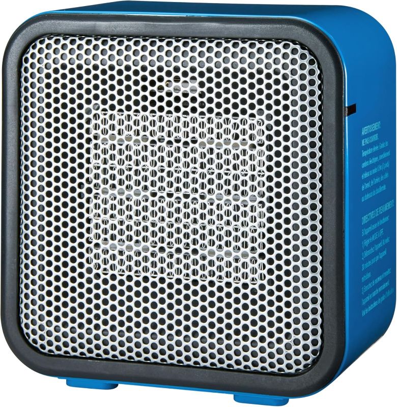 Photo 1 of Amazon Basics Ceramic Space Heater, Mini Heater for Office Desk, Portable Tent Heater for Camping (Indoor Use), 500 W, With Tip-Over Protection, Lightweight (1.4 LBS), Blue, 5.9 x 3.2 x 6 inches
