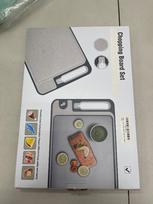 Photo 1 of Double-Sided 304 Stainless Steel Kitchen Cutting Board for Vegetable and Meat cutting separately Large Size 14.57 x 9.84 In. Non Toxic Wheat Straw Surface, Built-In Knife Sharpener & Grinder Non-Slip
