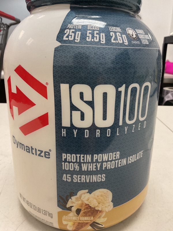 Photo 1 of Dymatize ISO100 Whey Protein Powder Isolate, Vanilla, 25g of Protein, 3 Pound, 5.5g BCAAs, Less Than 120 Cal., Gluten Free, 1g Fat, 1g Sugar, 2g Carb