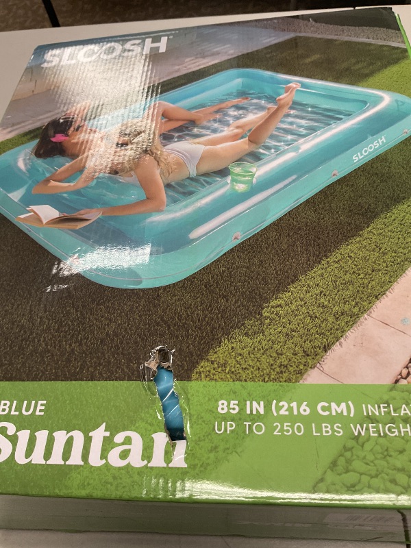 Photo 1 of SLOOSH Inflatable Tanning Pool Lounger Float, 85" x 57" Extra Large Pool Floats Adult with Pillow, 4 in 1 Suntan Tub Raft Floatie,Sunbathing Bed Lounge for Water Blow Up Ball Pit Party Gifts, XL-Blue