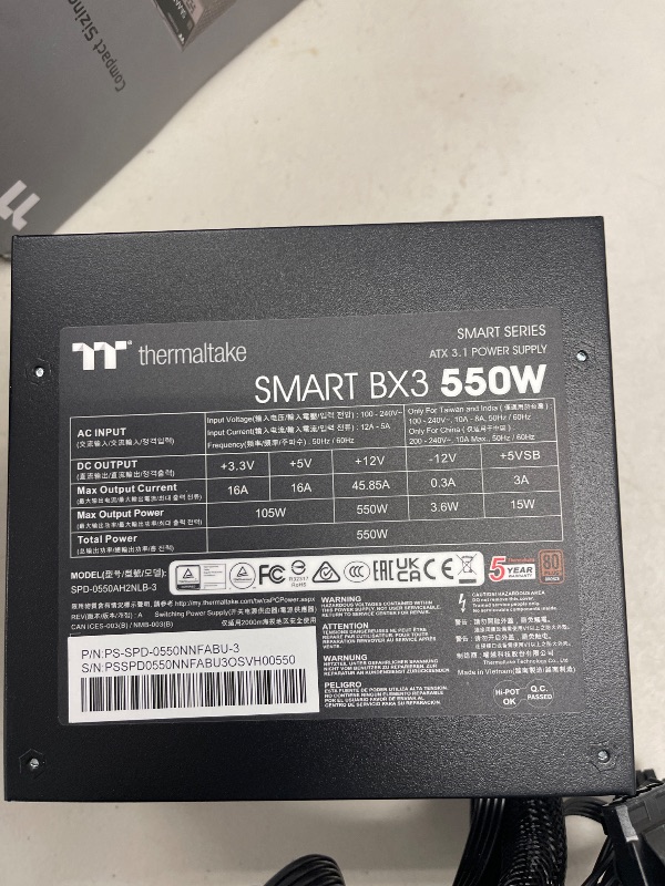 Photo 1 of Thermaltake Smart BX3 550W 80Plus Bronze ATX 3.1 Standard Power Supply; Non-Modular; PS-SPD-0550NNFABU-3; 5 Year Warranty