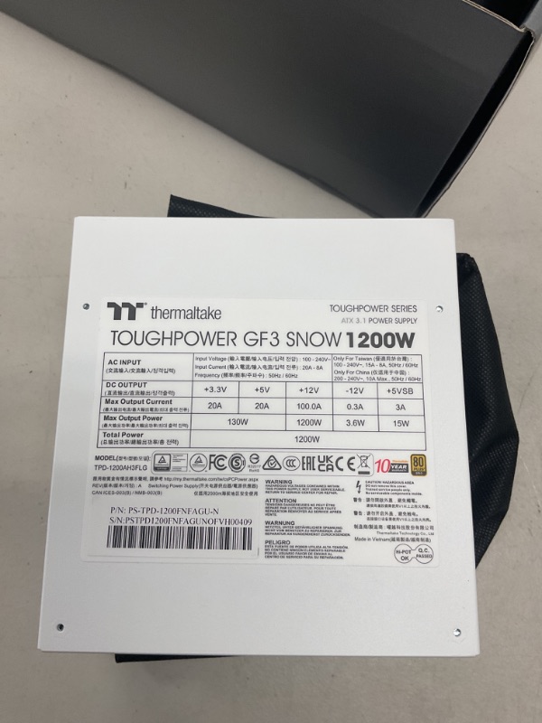 Photo 1 of Thermaltake Toughpower GF3 Snow Edition 1200W 80+ Gold Full Modular SLI/Crossfire Ready ATX 3.0 Power Supply PCIe Gen.5 600W 12VHPWR Connector Included PS-TPD-1200FNFAGU-N 10 Year Warranty