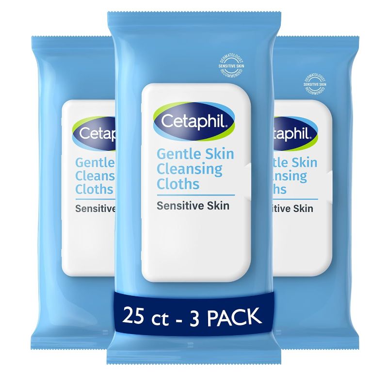Photo 1 of Cetaphil Face and Body Wipes, Gentle Skin Cleansing Cloths, 25 Count (Pack of 3), for Dry, Sensitive Skin, Flip Top Closure, Great for the Gym, Travel, in the Car, Hypoallergenic, Fragrance Free