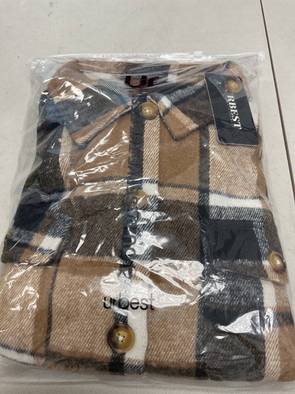 Photo 1 of Women's Plus Size Long Plaid Shacket, Lapel Button Down Shirt, Oversized Long Sleeve Jacket, Side Pocket Knee Length Brushed Coat Khaki 20W