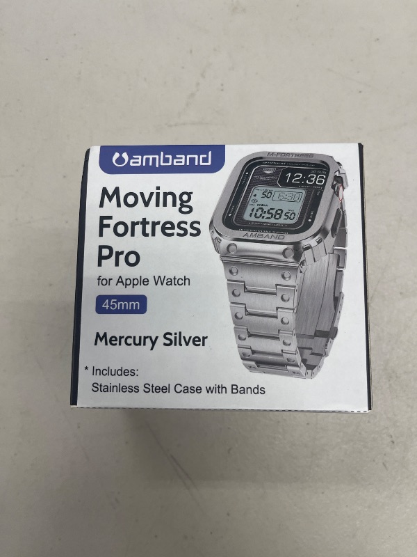 Photo 1 of amBand Stainless Steel Band and Case Compatible with Apple Watch Series 9/8/7 45mm, Moving Fortress Pro Rugged Protective Bumper Luxury Metal Cover and Link for iWatch Men Silver
