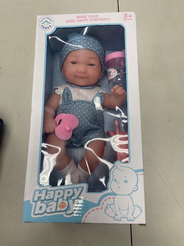 Photo 1 of Beem Jun 12.5 in Baby Doll Set, Realistic Reborn Baby Doll Soft Vinyl All Body with Toy Pacifier Bottle Set & Tableware, Gift Box for Ages 3+ Pretend Play (Blue)