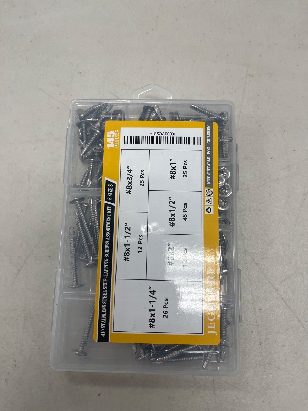 Photo 1 of JEGONFRI #8 Modified Truss Head Sheet Metal Screws Assortment Kit, High Strength 410 Stainless Steel Self Tapping Screws for Metal Plastic & Wood, 145 pcs 1/2" to 2" Self Drilling Screws