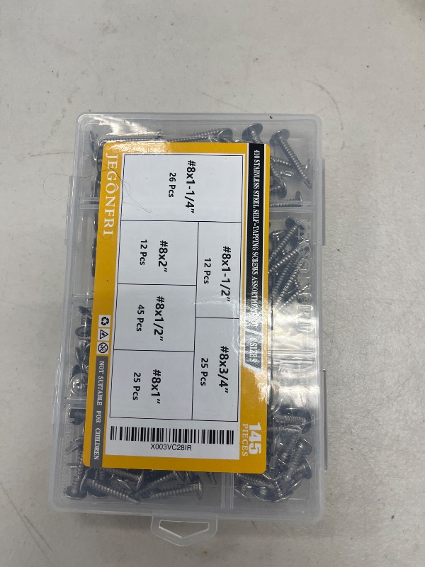Photo 1 of JEGONFRI #8 Modified Truss Head Sheet Metal Screws Assortment Kit, High Strength 410 Stainless Steel Self Tapping Screws for Metal Plastic & Wood, 145 pcs 1/2" to 2" Self Drilling Screws