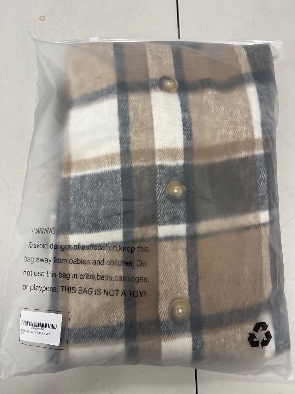 Photo 1 of Women's Plus Size Long Plaid Shacket, Lapel Button Down Shirt, Oversized Long Sleeve Jacket, Side Pocket Knee Length Brushed Coat Khaki 20W
