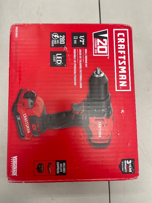 Photo 1 of CRAFTSMAN V20 Cordless Drill/Driver Kit, 1/2 inch, Battery and Charger Included (CMCD700C1)