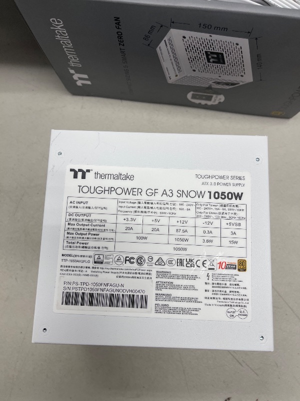 Photo 1 of Thermaltake Toughpower GF A3 Snow Edition 1050W 80+ Gold Full Modular SLI/Crossfire Ready ATX 3.0 Power Supply; PCIe Gen.5 600W 12VHPWR Connector Included; PS-TPD-1050FNFAGU-N; 10 Year Warranty