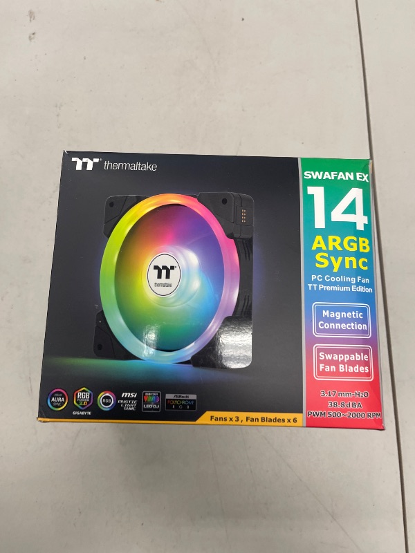 Photo 1 of Thermaltake SWAFAN EX 14 ARGB PC Cooling Fan, 3-Fan pcak, 500~2000 RPM, Magnetic Connection, Reversable Blades, sync with MB RGB Software, CL-F168-PL14SW-A, Black