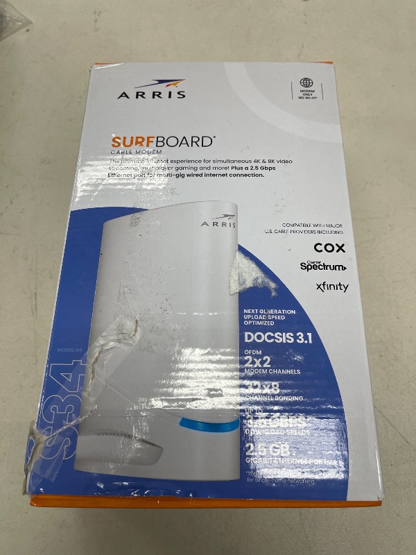 Photo 1 of ARRIS (S34) - Cable Modem - Fast DOCSIS 3.1 Multi-Gigabit Cable Modem, for Comcast Xfinity, Cox, Spectrum & More, 2.5 Gbps Max Internet Speeds, 2 Year Warranty - (No Built-in WiFi)