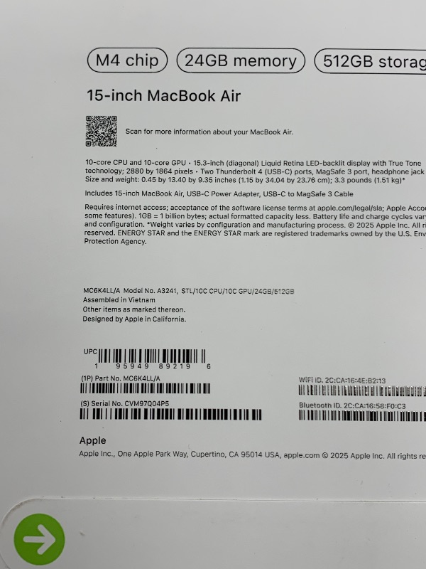 Photo 1 of Apple 2025 MacBook Air 15-inch Laptop with M4 chip: Built for Apple Intelligence, 15.3-inch Liquid Retina Display, 24GB Unified Memory, 512GB SSD Storage, 12MP Center Stage Camera, Touch ID; Starlight