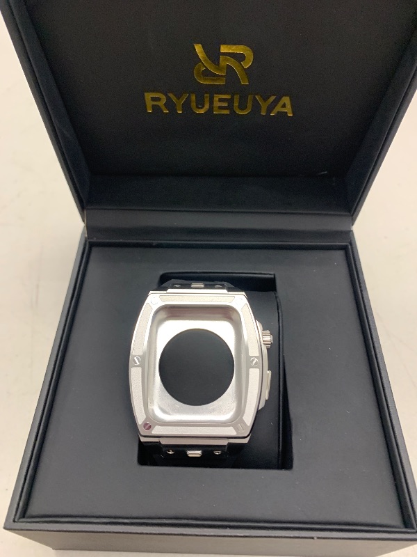 Photo 1 of RYUEUYA Luxury Stainless Steel Case Rubber Band for Apple Watch 44/45mm, Quick Release Replacement Leather Bands for Series 9/8/7/6/5/SE Iwatch,S-BR