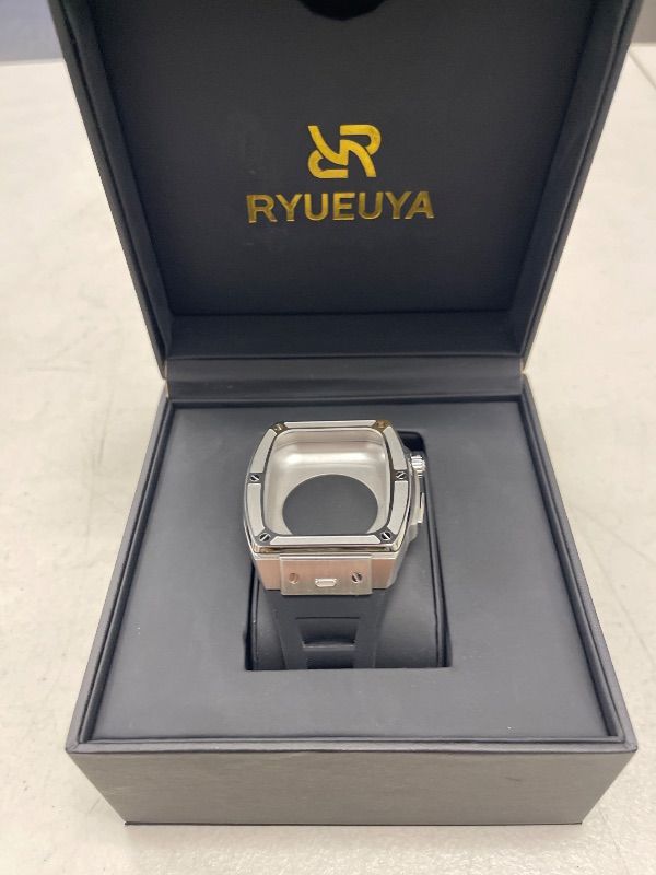 Photo 1 of RYUEUYA Luxury Stainless Steel Case Rubber Band for Apple Watch 44/45mm, Quick Release Replacement Leather Bands for Series 9/8/7/6/5/SE Iwatch,S-BR