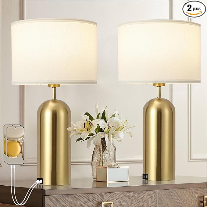 Photo 1 of Gold Lamps Set of 2 Touch Control 3-Way Dimmable Bedside Nightstand Lamps Bedroom Lamps Modern White& Gold Table Lamp with USB Type C Ports Tall Lamps for Living Room End Table Home Office